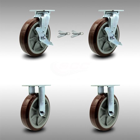 Service Caster 8 Inch Stainless Steel Polyurethane Caster Set with 2 Brakes/Swivel Lock 2 Rigid SCC-SS30S820-PPUB-TLB-BSL-2-R-2